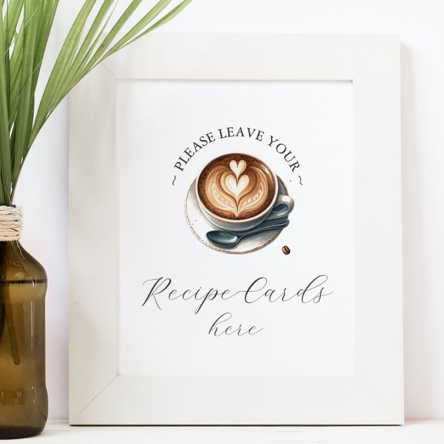Poster O amor é criar o sinal de cartões de receita de Ch (Recipe cards sign love is brewing theme illustrated latte and heart shaped foam. )