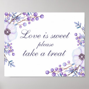 Poster O amor é deleite doce da tomada. Flores roxas