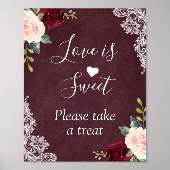 Poster O amor é doce Lace Floral Burgundy Blush (Frente)