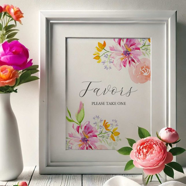 Poster O amor está em Bloom Favor Assinar Flores Rosa Vib (Favors sign watercolor pink and orange flowers by Victoria Grigaliunas of Do Tell A Belle)