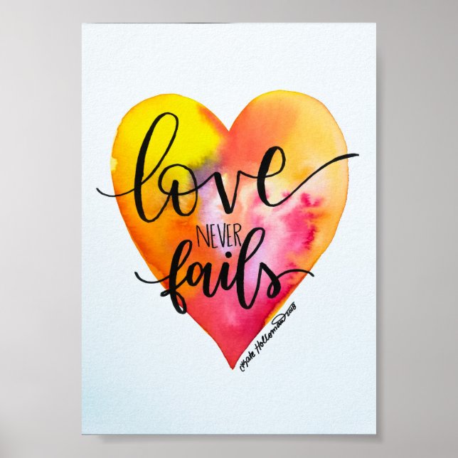Poster O amor nunca falha - Arte Aquarela com Letra Mão (Frente)
