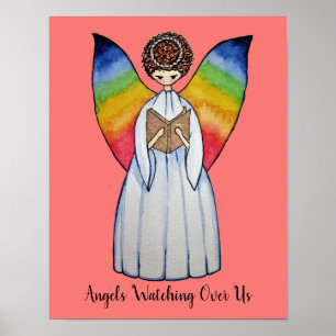 Pôster O anjo da aguarela com arco-íris voa lendo um