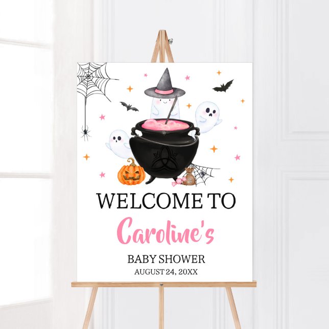 Poster O Bebê do Dia das Bruxas Rosa é bem-vindo (Baby is Brewing Baby Shower Welcome Sign)