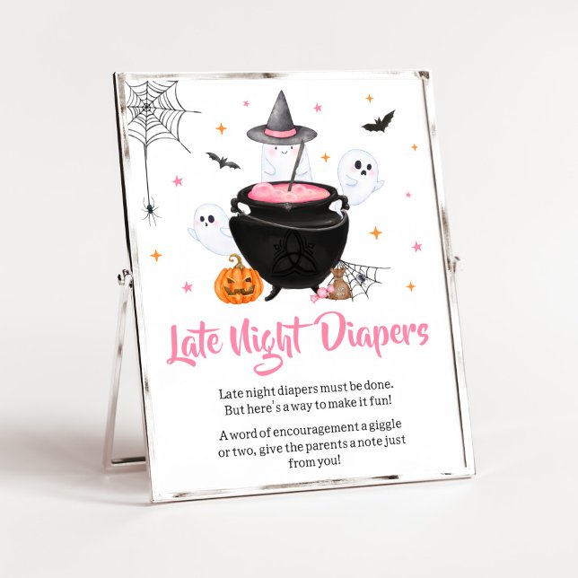 Poster O Bebê Rosa do Halloween está criando Fraldas notu (Baby is Brewing Baby Shower Late Night Diapers Sign)