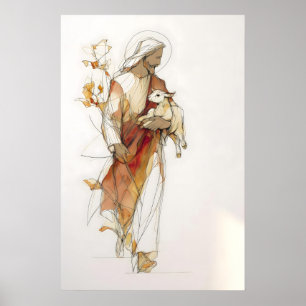 Poster O Bom Pastor Jesus Com Cordeiro Linha Minimalista