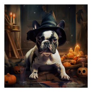 Pôster O Bulldog Francês Pumpkins Halloween Assustado