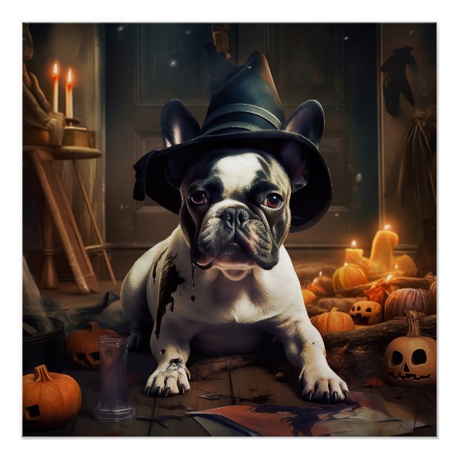 Pôster O Bulldog Francês Pumpkins Halloween Assustado (Frente)