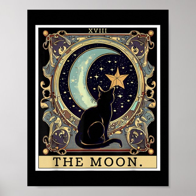 Poster O Cartão Tarot da Lua Crescente Gato Preto Mulhere (Frente)