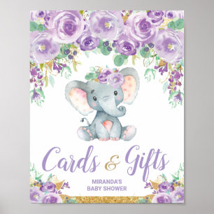 Poster O chá de fraldas floral roxo do elefante carda