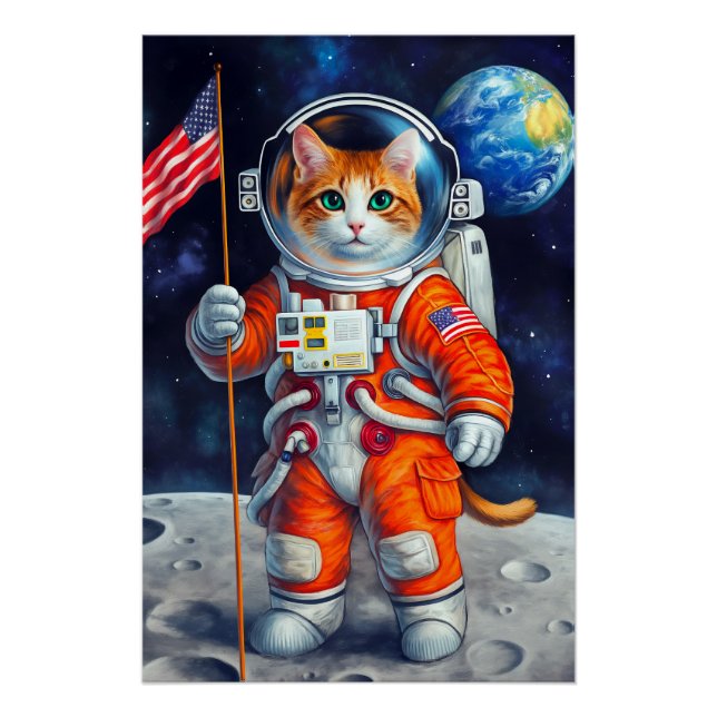 Pôster O Cosmic Patriot Astronauta Cat USA Flag na Lua (Frente)