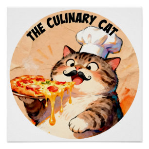 Pôster O Gato Culinário com Chef de Pizza Gato Segurando