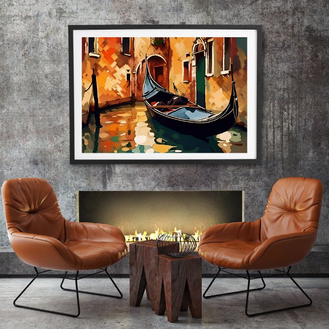 Poster O Gondola desenquadrado (This attractive poster features deep earthy tones of orange, yellow, brown, green, and black.)