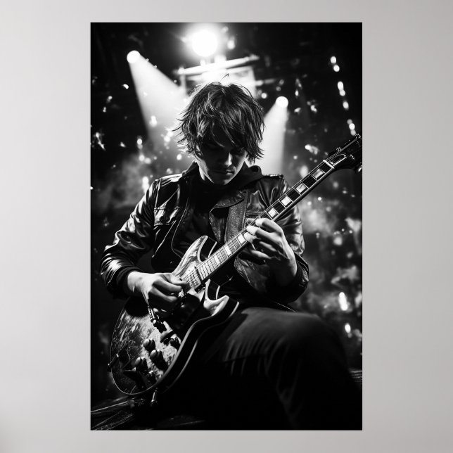 Poster O guitarrista no palco B&W (Frente)