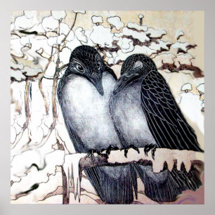 Pôster O INVERNO ADORA AVES EM NEVE preto branco