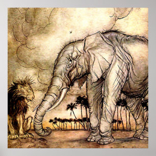 Poster "O Leão e o Elefante" por Arthur Rackham