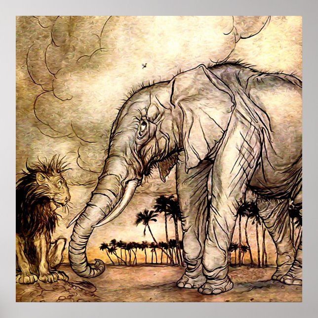 Poster "O Leão e o Elefante" por Arthur Rackham (Frente)