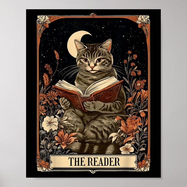 Poster O Leitor Cartão Tarot Gato Livro de Leitura Floral (Frente)