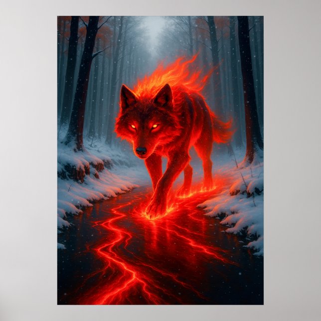 Poster O Lobo Fiery em Snow Fantasy Spirit Animal (Frente)