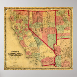 Pôster O mapa de Bancroft de Califórnia, Nevada, Utá