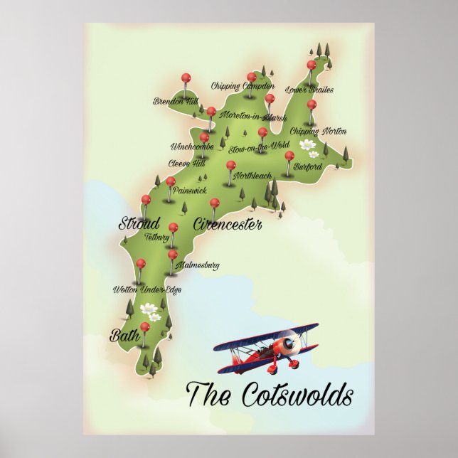 Poster O Mapa de Vintage dos Cotswolds (Frente)