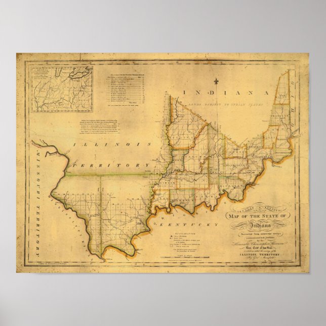 Poster O Mapa do Estado de Indiana de Shelton e Kensett (Frente)