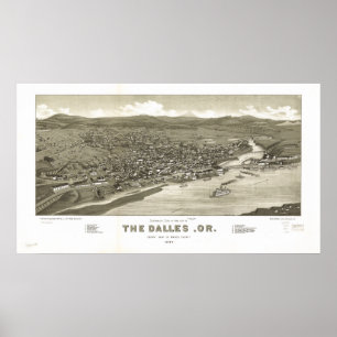 Pôster O Mapa Panorâmico Antiquado de Dalles Oregon 1884