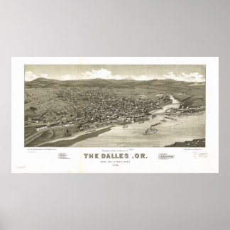 Pôster O Mapa Panorâmico Antiquado de Dalles Oregon 1884