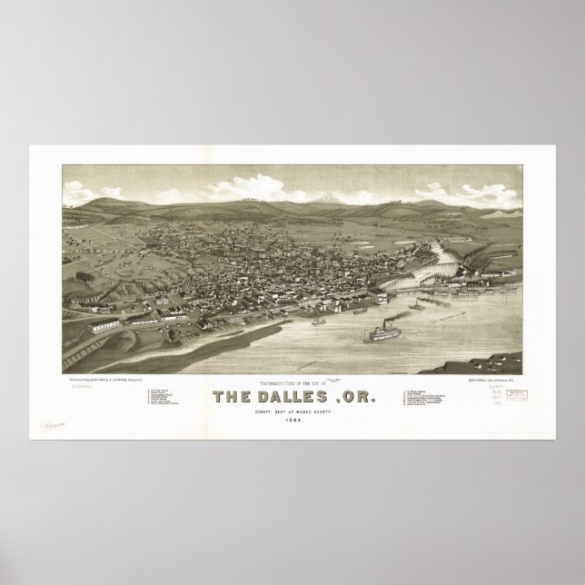 Pôster O Mapa Panorâmico Antiquado de Dalles Oregon 1884 (Frente)