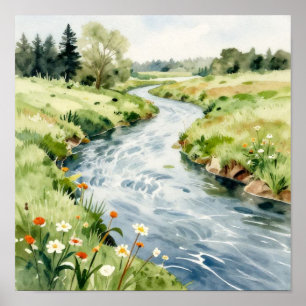 Poster O Meandro Suave: Um Estudo de Aquarela Iluminada p