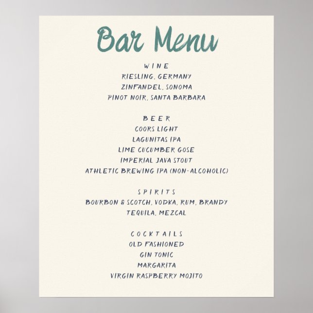 Poster O Menu Bar Quirky Handwrite Wedding Drinks (Frente)
