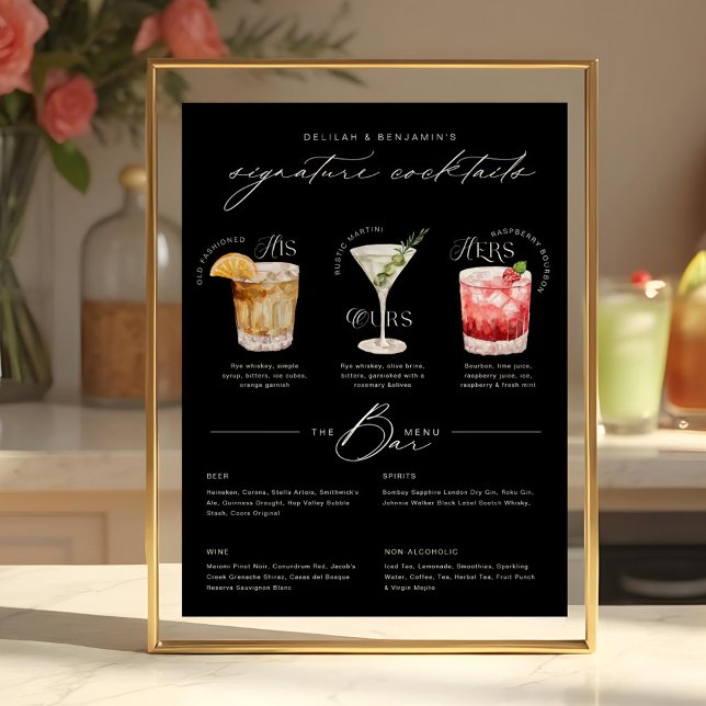 Poster O Menu Cocktail Da Assinatura Da Sua Aquarela (His Ours & Hers Watercolor Signature Cocktail Menu Black Poster)