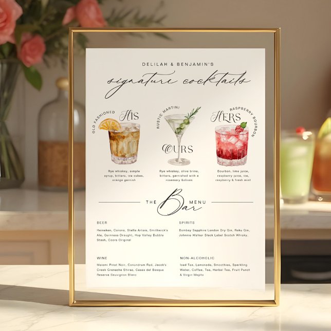 Poster O Menu Cocktail Da Assinatura Da Sua Aquarela (His, Ours & Hers Watercolor Signature Cocktail Menu Poster)