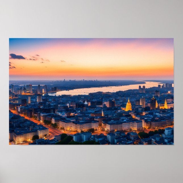 Poster O panorama da cidade no pôr do sol (Frente)