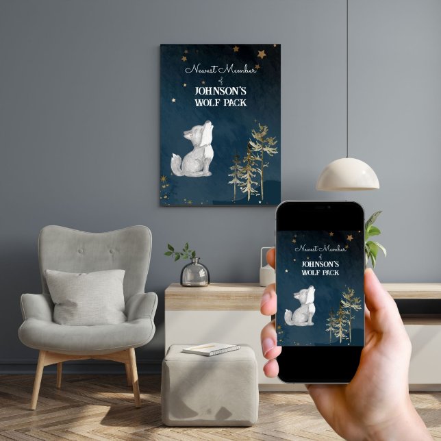 Pôster O pequeno lobo temido pelo bebê berçário decor (Little wolf themed baby nursery decor personalized poster with a cute howling wolf cub starry night)