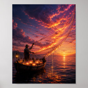 Poster O Pescador que Captura Pôr do Sol