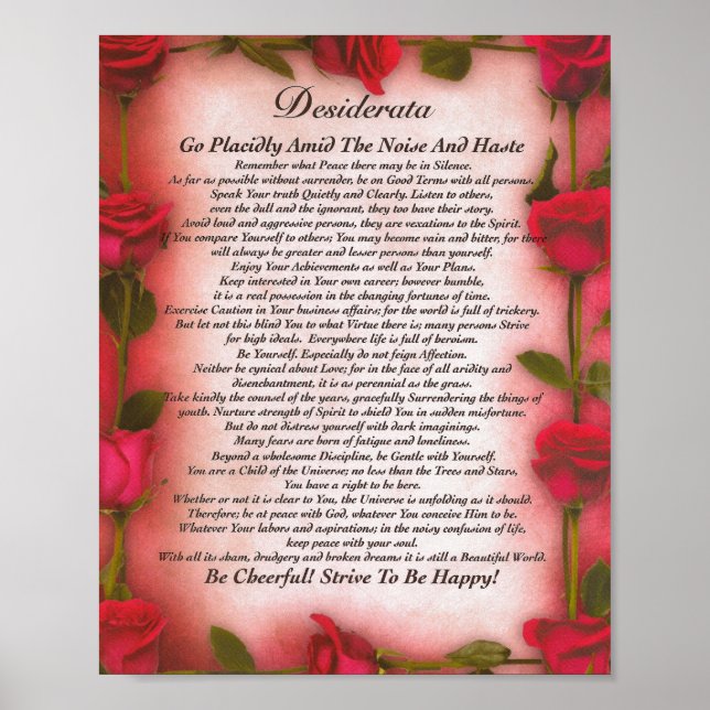 Pôster O Poema Desiderata com Rosas vermelhas para a mãe (Frente)
