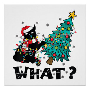 Pôster O QUE Gato Preto Engraçado do Papai Noel Empurrand