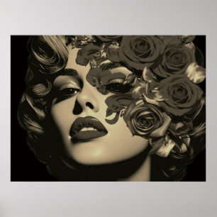 Poster O Rosto de uma Mulher em Flores em um Cartaz de Pa