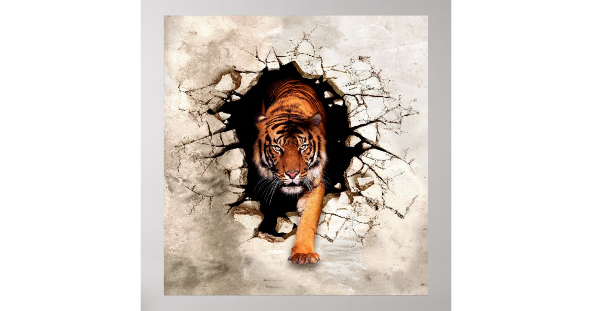 Poster 3D Tigre Andando Sobre a Neve 50x70cm com/sem Moldura - Decore Pronto