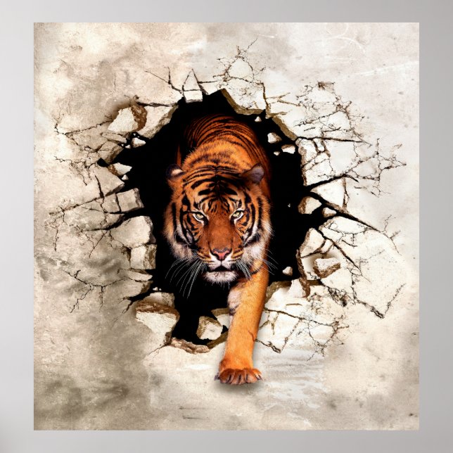 Poster O tigre de imagem 3d emerge da parede destruída (Frente)