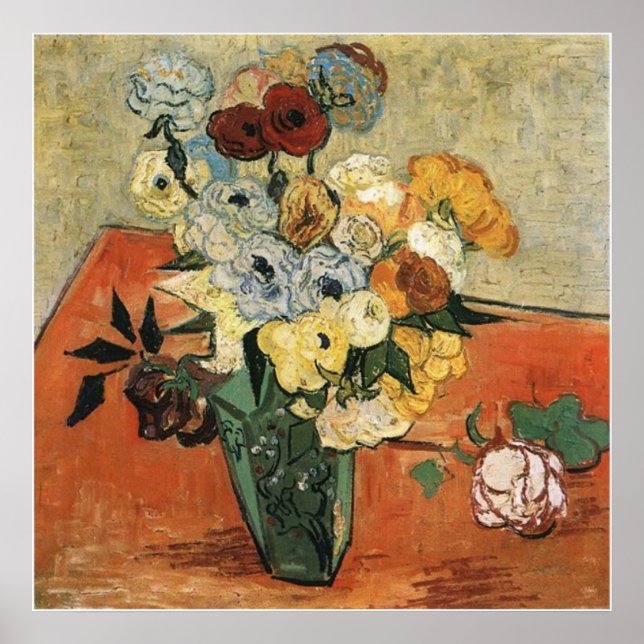 Poster O Vaso Japonês "Ainda viva" com Rosas e anêmonas (Frente)
