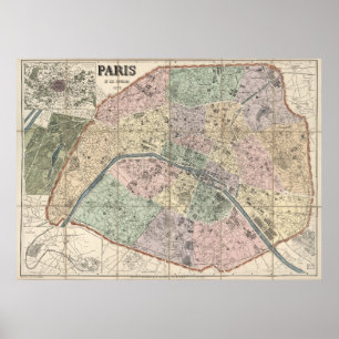 Poster O velho mapa da cidade de Vintage em Paris, Franç