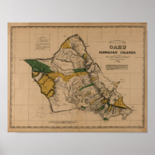 Pôster Oahu, 1881, mapa de Havaí do vintage
