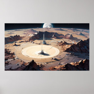 Poster Oásis do Deserto Surreal com Estrutura Sci-Fi