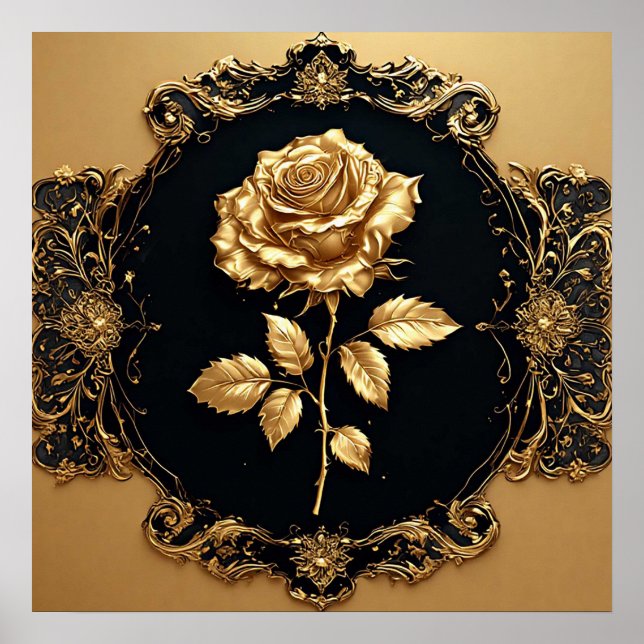 Poster Obra de Arte Rosa Dourada com Elemento Decorativo  (Frente)