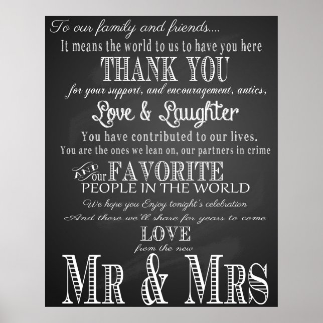 Poster Obrigado a placa de casamento Black & White (Frente)