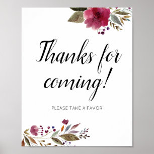 Poster Obrigado por Vir tomar Favor Borgonha Floral