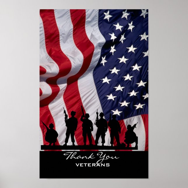 Pôster Obrigado Veteranos - Bandeira Americana e Soldados (Frente)