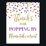 Poster Obrigados de Confetti Dourados Roxos para Pop por<br><div class="desc">Obrigados de popcorn bar para chá de fraldas,  chá de panela,  festa de aniversário ou casamento em púrpura escura e padrão de confete de ouro. Observe que o efeito de brilho é apenas efeito fotográfico.</div>