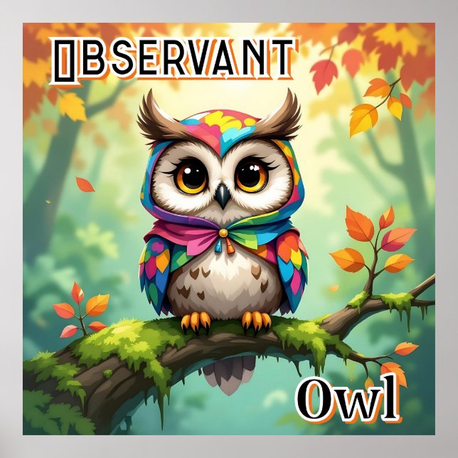 Poster Observant Owl | Cute Cartoon Kid's Nursery Art (Frente)